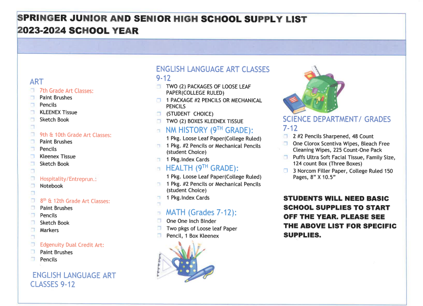 Supply List:  JH & HS